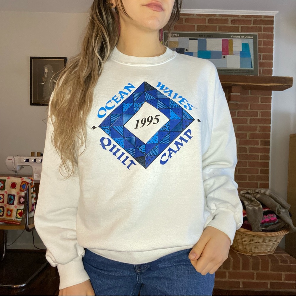 Vintage 1995 Ocean Waves Quilt Camp Crewneck Sweatshirt Patchwork Oversi…